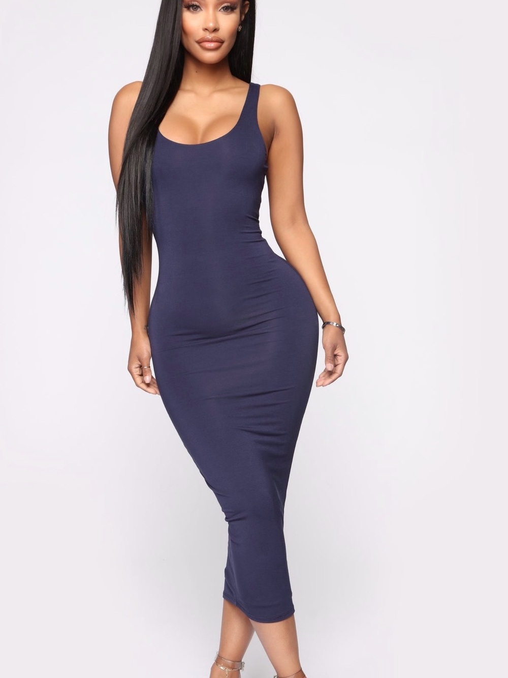 Fashion Nova Navy Scoop Neck Bodycon Midi Dress